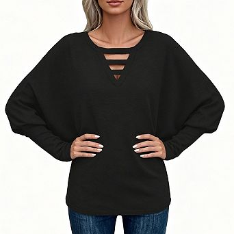 Womens Cutout V Neck Top Oversized Batwing Long Sleeve Blouse Loose Fit Shirt For Casual Daily