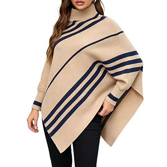 Women's Irregular Stripe Mock Neck Batwing Sleeve Knit Pullover Cape