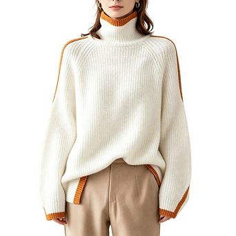 Women's Vintage Loose Fit Color Block Knit Sweater with High Neck and Long Sleeves