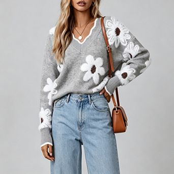 Women's Floral V Neck Long Sleeve Pullover Sweaters Fuzzy Chunky Knit Sweater Tops