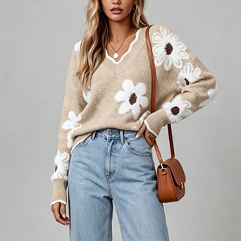 Women's Floral V Neck Long Sleeve Pullover Sweaters Fuzzy Chunky Knit Sweater Tops
