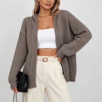 Women Cable Knit Cardigan Open Front Long Sleeve Hooded Sweater