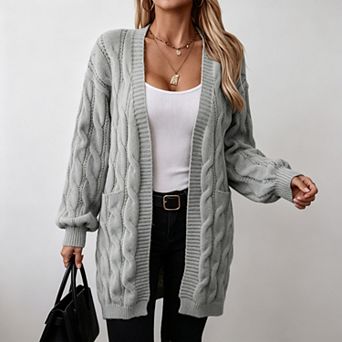 Women Long Cardigan Open Front Knit Sweater with Pocket