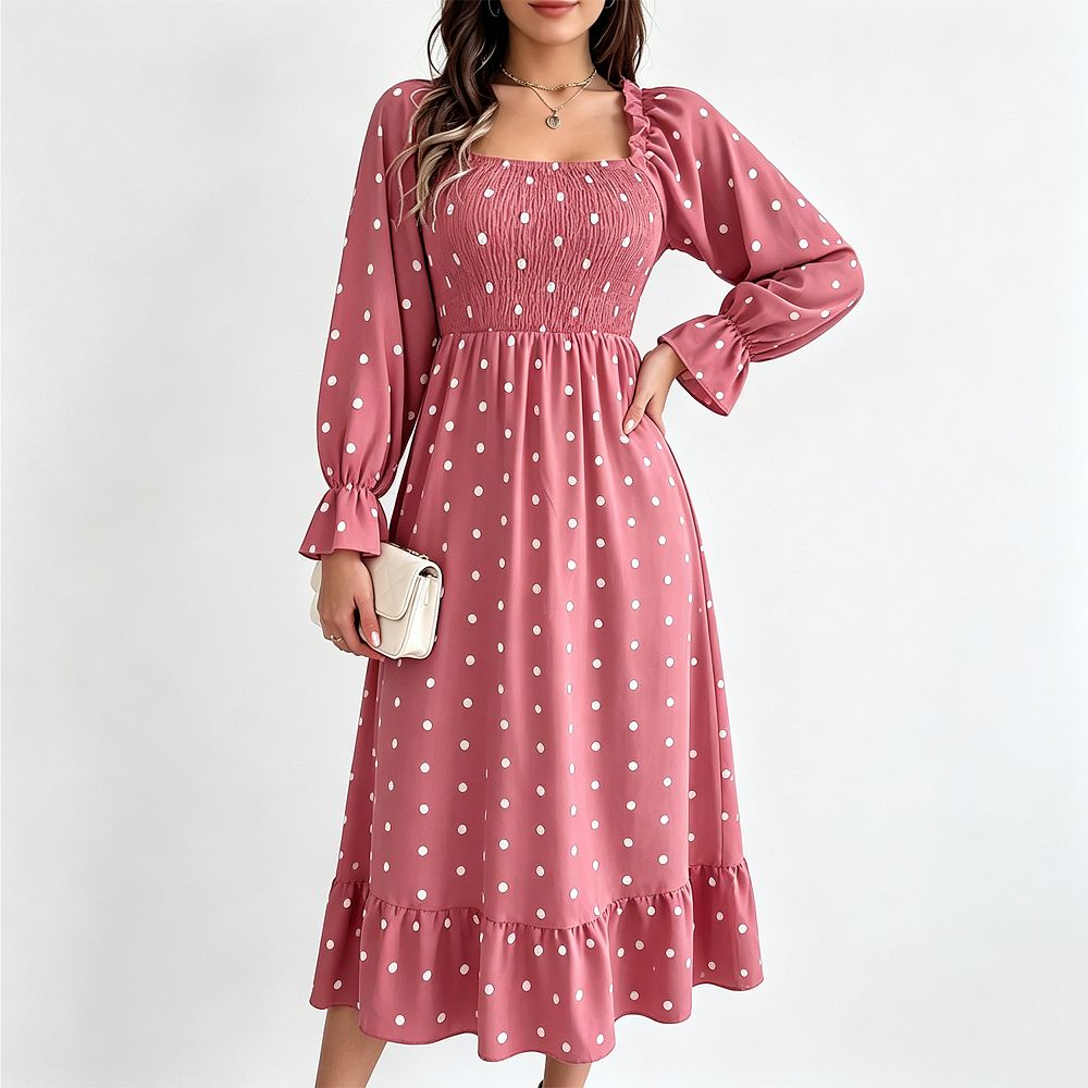 Women's Long‑Sleeve Square Neck Polka Dot Midi Dress Smocked Bodice ...