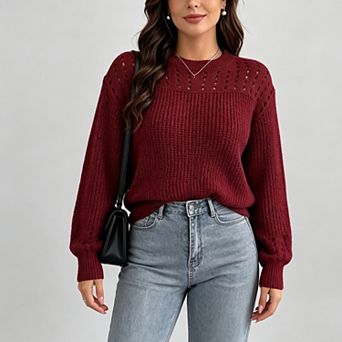 Women Crew Neck Knit Sweaters Fall Casual Lightweight Hollow Out Long Sleeve Pullover Sweater Tops