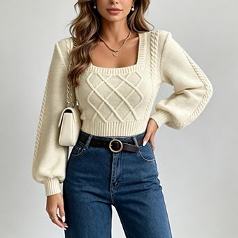 Women's Knit Square Neck Puff Sleeve Loose Cropped Pullover Sweater