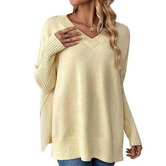 Womens V-Neck Oversized Knit Sweater Ribbed Sleeve Split Hem Relaxed Casual Long Tunic Pullover