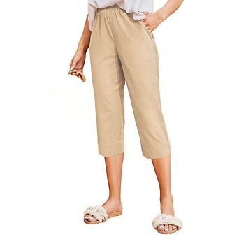 Women's Cotton Linen Capris Pants Elastic High Waist Cropped Trousers with Pockets