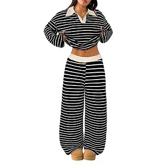 Women's 2 pc Striped Knit Outfit Collar V‑Neck Long Sleeve Top and Wide Leg Pants Loungewear Set