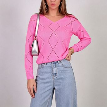Women V Neck Knitted Sweater Long Sleeve Fall Pullover Tops Loose Fit Lightweight Fashion Sweater