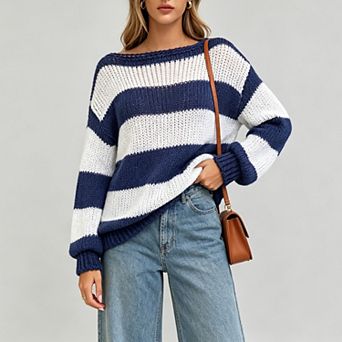 Women Striped Color Block Sweaters Oversized Fall Long Sleeve Loose Crewneck Knitted Pullovers Top