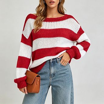 Women Striped Color Block Sweaters Oversized Fall Long Sleeve Loose Crewneck Knitted Pullovers Top