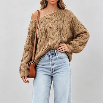 Women's Off Shoulder Cable Knit Sweater Oversized Pullover Loose Chunky Knitwear
