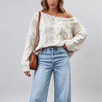 Women's Off Shoulder Cable Knit Sweater Oversized Pullover Loose Chunky Knitwear