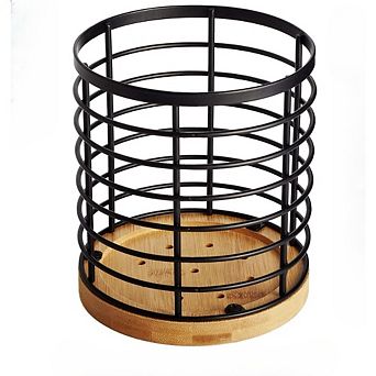 Zoulao Large Round Utensil Holder with Wooden Base, 5.2" x 5.2" x 6", Matte Black