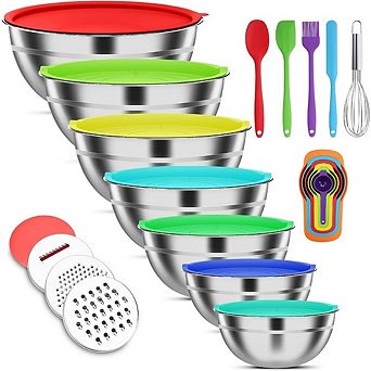 Zoulao 7 pc Stainless Steel Mixing Bowls with 3 Graters & Lids, 4.5-0.7-qt Set