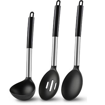 Zoulao 3 pc Silicone Cooking Spoon Set, Heat Resistant, Non-Scratch, Dishwasher Safe, Black.