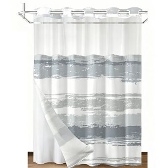 Shower Curtain Set, 71x74" Grey & White Striped Waterproof, with Snap-in Liner