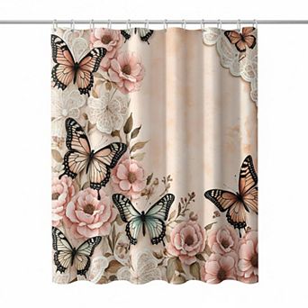 Butterfly Floral Spring Shower Curtain Waterproof Polyester Bath Decor