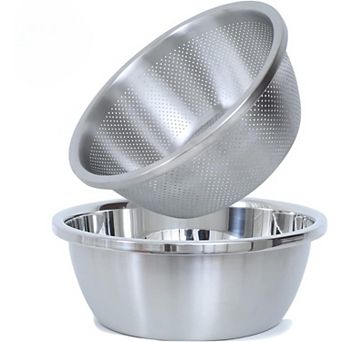 2 pc 304 Stainless Steel Colander & Bowl Set, 2-qt for Washing Veggies, Draining Pasta, Fruit