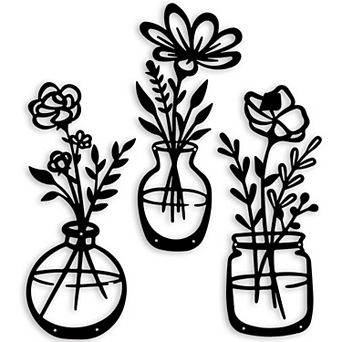 3 pc Metal Flower Wall Decor, Floral Vase Wall Art, Farmhouse Metal Wall Hanging for Bathroom
