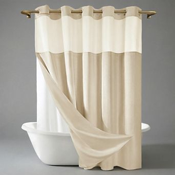 No Hook Linen Look Shower Curtain with Snap-in Liner,71 x 74Waterproof & Washable,for Bathroom