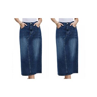 2 Packs Denim Skirt for Women Midi Length Elastic Waist Split Back Long Jean Skirts