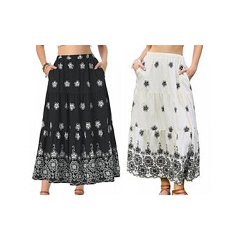 2 Packs Boho Maxi Skirt for Women Ruffle Hem A Line Elastic High Waist Flowy Flared Long Skirts