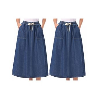 2 Packs Denim Maxi Skirt for Women Elastic Waist Casual A Line Long Jean Skirts