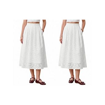 2 Packs Summer Boho Skirts for Women High Waisted A Line Flowy Eyelet Midi Skirts