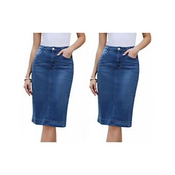 2 Packs Denim Skirt for Women High Waist Split Back Pockets Knee Length Pencil Skirt