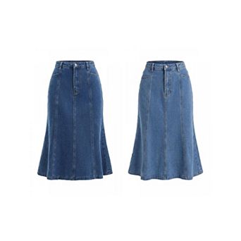 2 Packs Women's Denim Skirt High Waisted A-Line Fishtail Casual Midi Jean Skirts