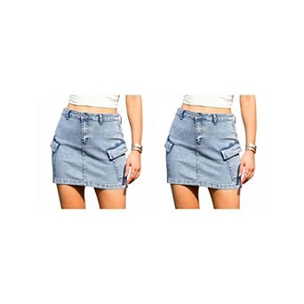 2 Packs Denim Mini Skirt for Women Stretchy Flap Pockets Cargo Jean Skirts