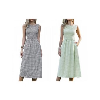 2 Packs Women's Plaid A-Line Dress Smocked Sleeveless Crew Neck Midi Summer Dresses with Pockets
