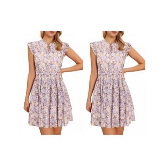 2 Packs Floral Ruffled Sleeve Dresses for Women's Summer V Neck Empire Waist Casual Mini Sundress