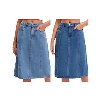 2 Packs Women's Denim Skirt High Waist A Line Elastic Back Waist Casual Knee Length Jean Skirts