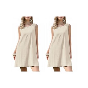 2 Packs Sleeveless Linen Dress for Women's Summer Crew Neck A-Line Casual Dresses with Pockets