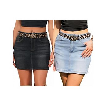 2 Packs Denim Skirts for Women's Casual Stretchy Mini Jean Skirt with Belted