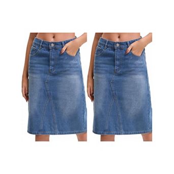 2 Packs Women's High Waisted Denim Skirt A-Line Midi Jean Skirt for Summer