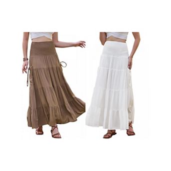 2 Packs Summer Maxi Skirts for Women Elastic High Waist Swing A Line Beach Skirt with Pockets