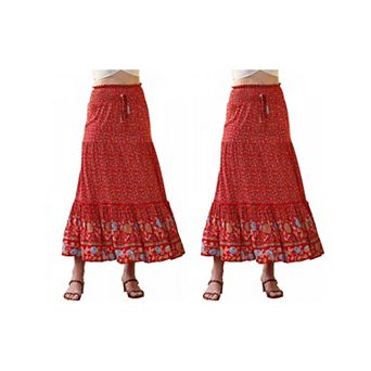 2 Packs Summer Maxi Skirts for Women Bohemian Floral Print Elastic High Waist A Line Beach Skirt