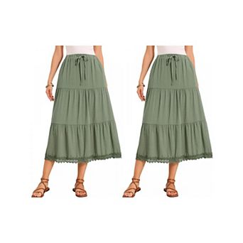 2 Packs Summer Maxi Skirt for Women's Elastic High Waist Tiered A-Line Casual Beach Long Skirts