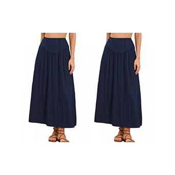 2 Packs Summer Flowy Long Skirts for Women Elastic High Waist Casual Maxi Skirt