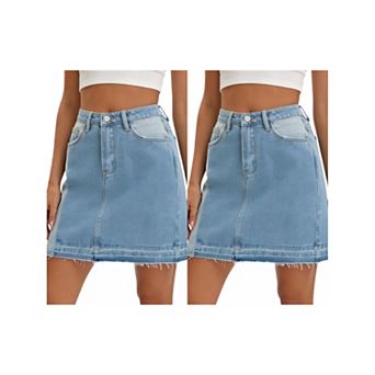 2 Packs Women's Mini Denim Skirt Patchwork Cloor Block High Waisted A Line Short Jean Skirt