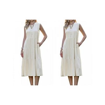2 Packs Midi Dress for Women Sleeveless V Neck Ruffle Collar Tie Flowy Tiered Summer Dresses