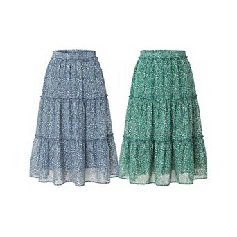 2 Packs Women's Tiered Skirt Chiffon A-Line Ruffle Elastic High Waist Casual Flowy Summer Midi Skirt