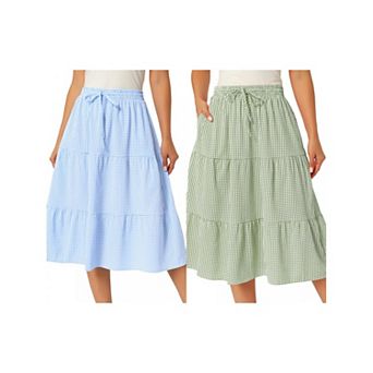 2 Packs Women's Gingham Skirt Summer Drawstring Waist Tiered Plaid A-Line Midi Skirts with Pockets