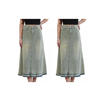 2 Packs Vintage Denim Maxi Skirt for Women's High Waist Wash Frayed Hem A Line Long Jean Skirt