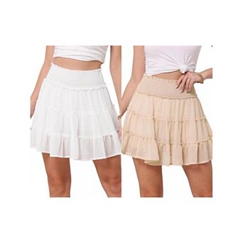 2 Packs Ruffle Mini Skirt for Women's Cute Smocked Waist Tiered Ruffles Casual Beach Flowy Skort