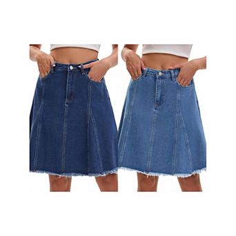 2 Packs Women's Denim Skirt A Line High Waist Flared Raw Hem with Pockets Casual Jean Skirts